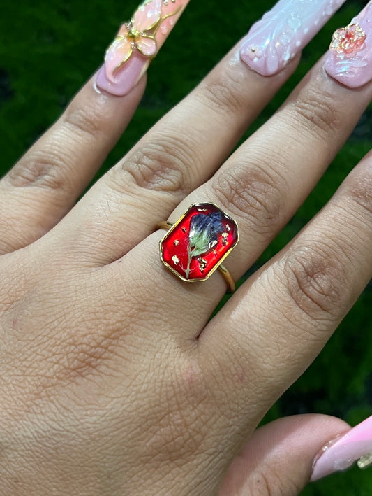 Red Twilight Octagon Shape Real Flower Ring