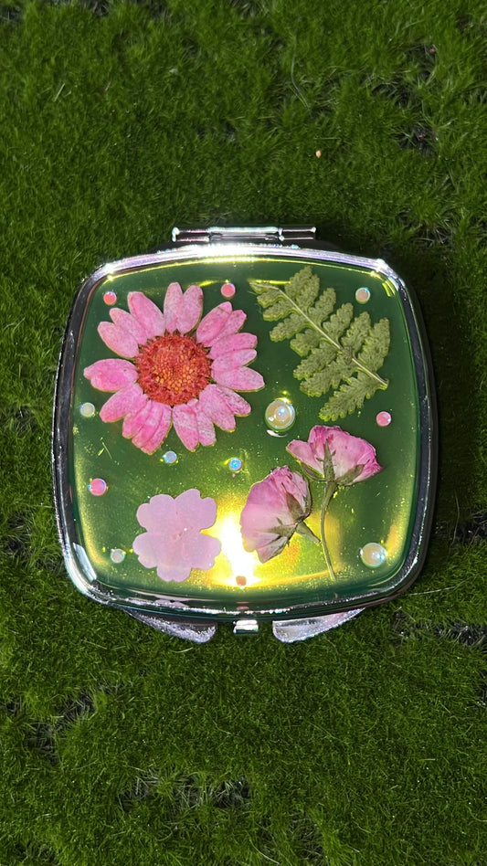 Pink Garden Real Flower Compact Mirror