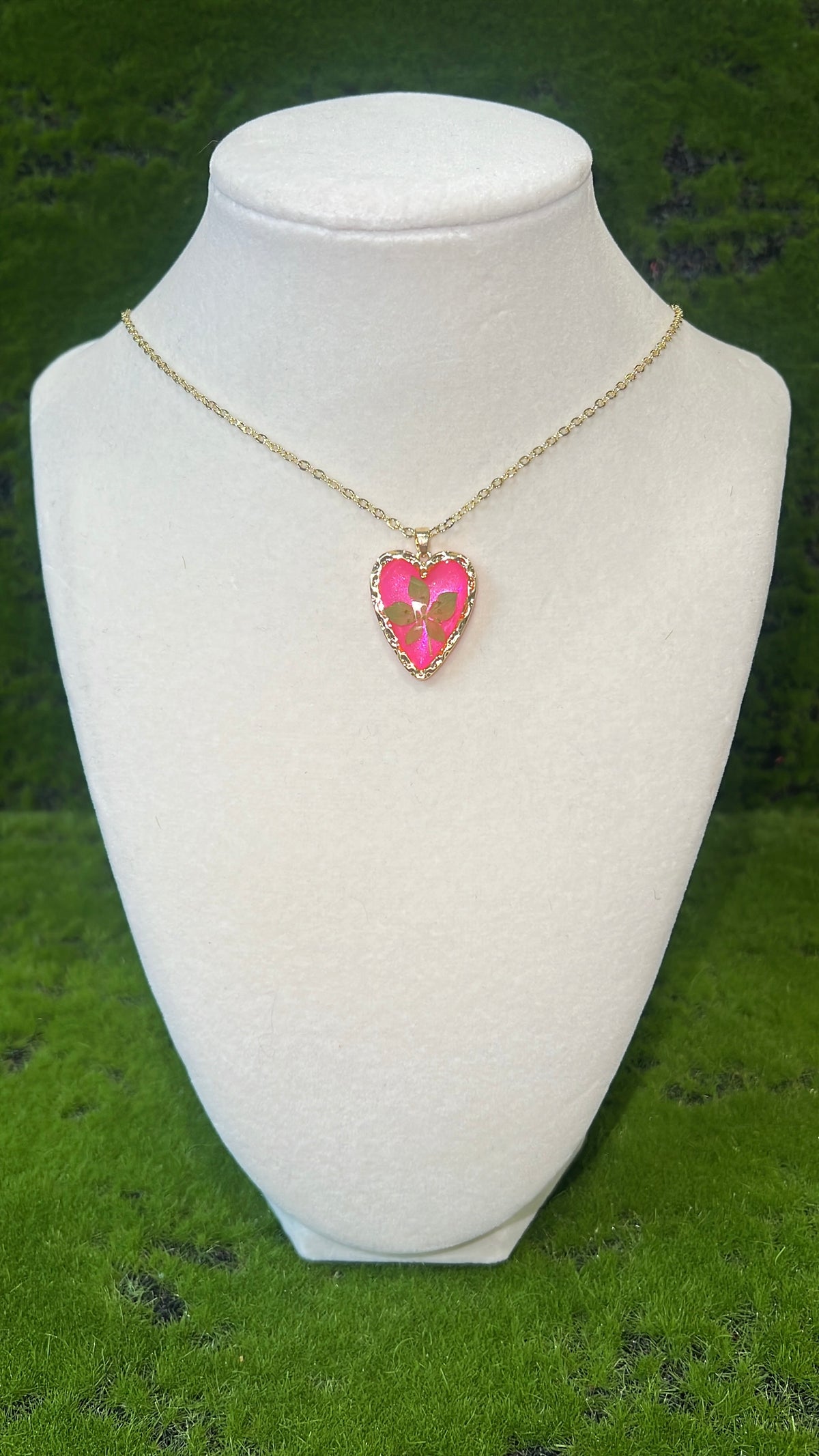 Pink Forest Real Flower Heart Necklace