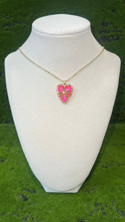 Pink Forest Real Flower Heart Necklace