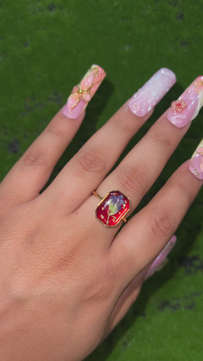 Red Twilight Octagon Shape Real Flower Ring