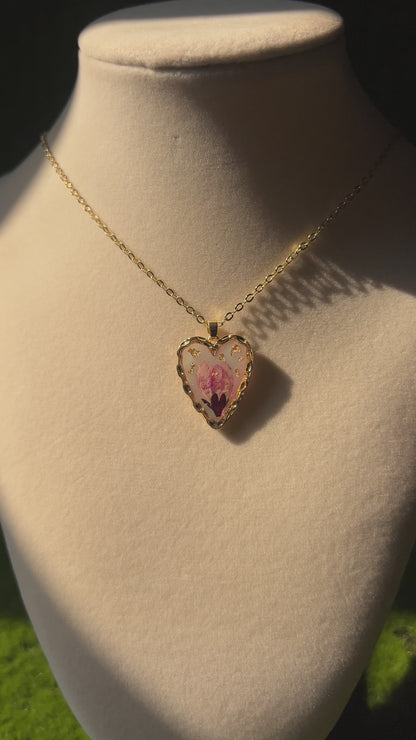 Golden Pink Aura Heart Flower Necklace