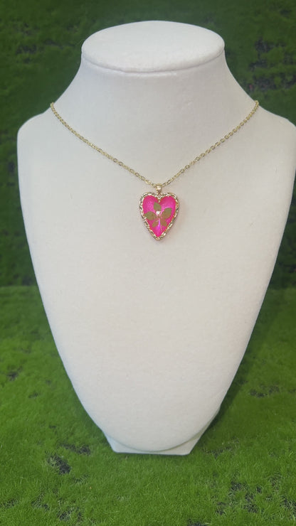 Pink Forest Real Flower Heart Necklace