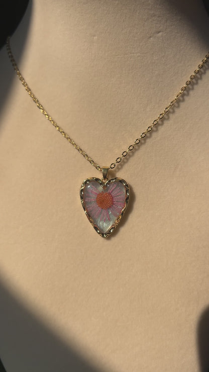Sea Aster Flower Heart Necklace